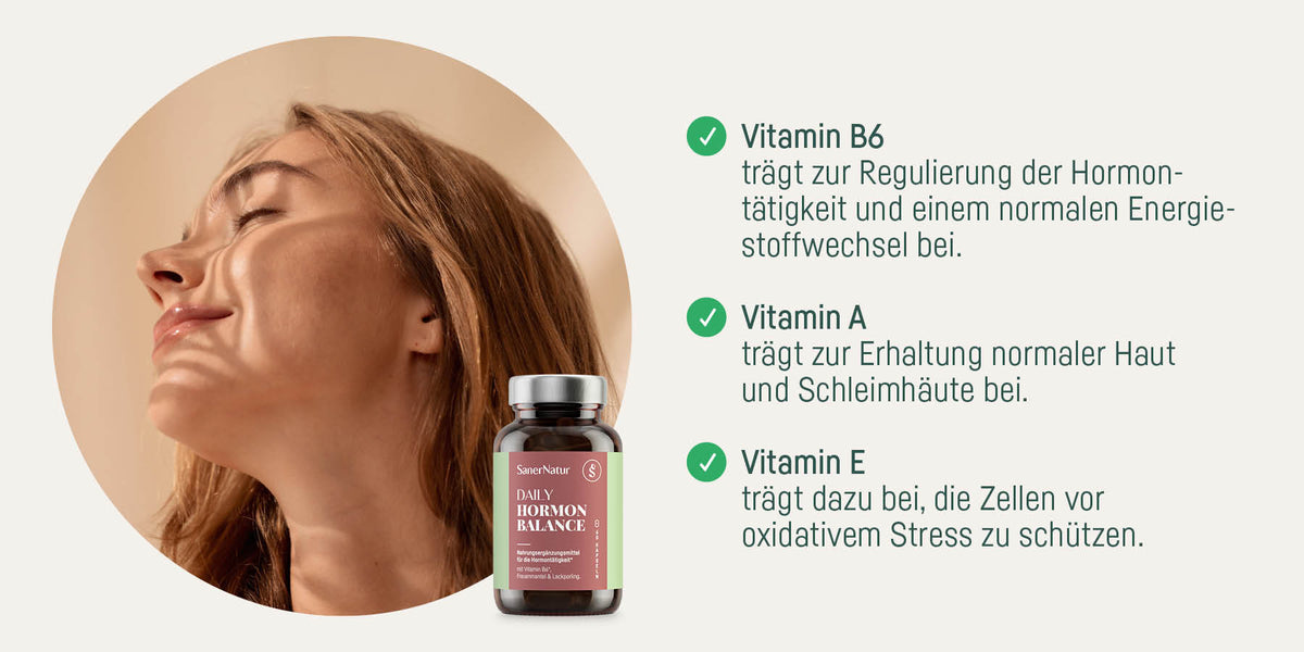 Frau mit geschlossenen Augen und Daily Hormon Balance – Vitamin B6, Vitamin A und Vitamin E