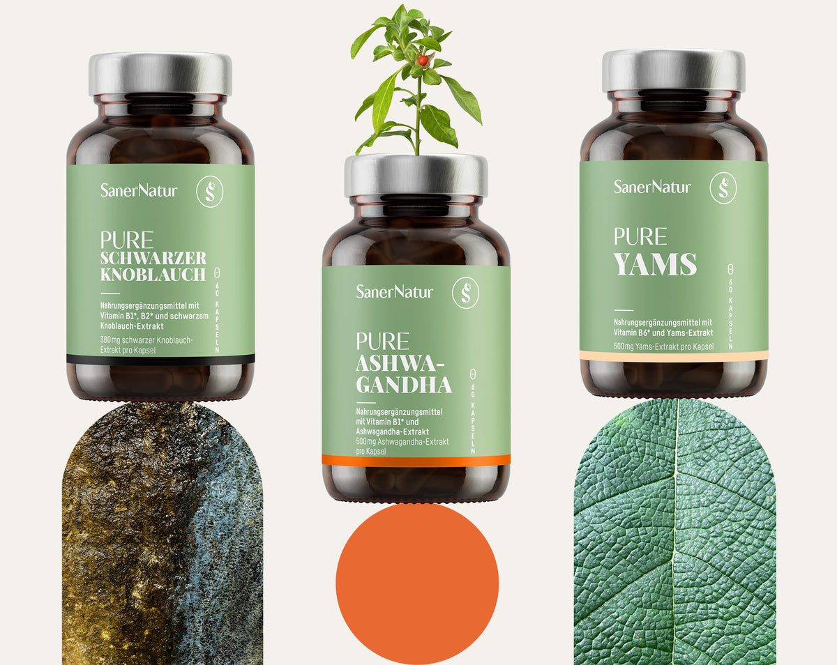 Kopfbild PURE: Supplemente PURE Schwarzer Knoblauch, Ashwagandha und Yams