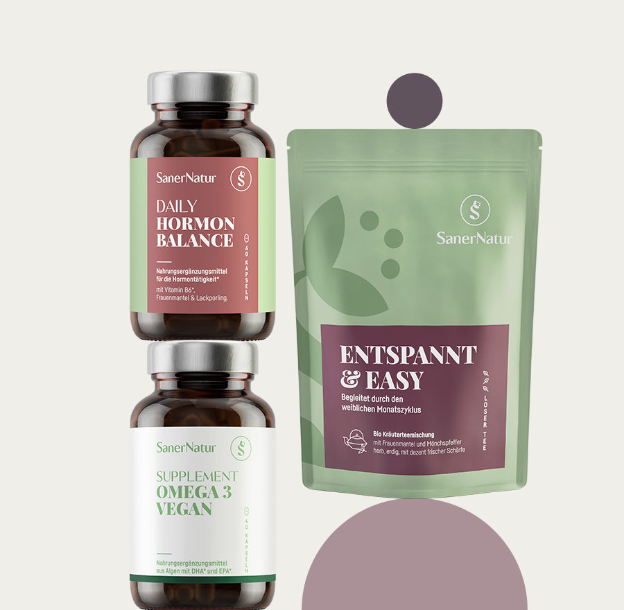 Zyklus Bundle – enthält Daily Hormon Balance, Supplement Omega 3 Vegan und Bio-Teemischung Entspannt & Easy