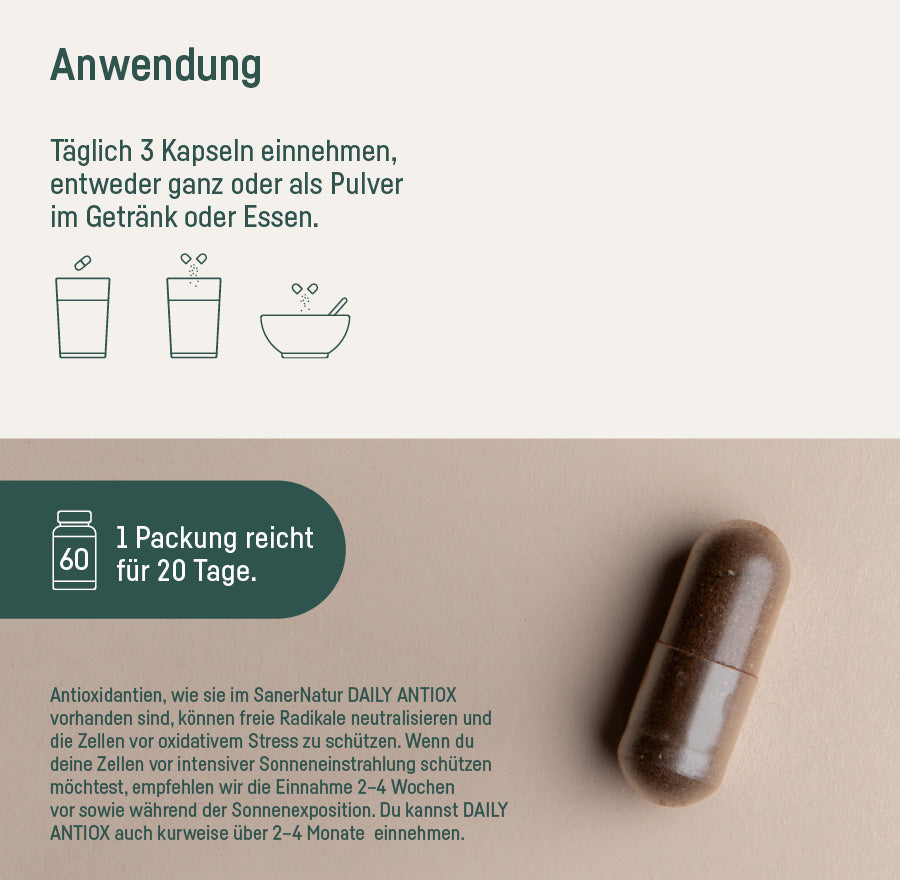 Daily Antiox – Anwendung: täglich 3 Kapseln, eine Packung reicht für 20 Tage