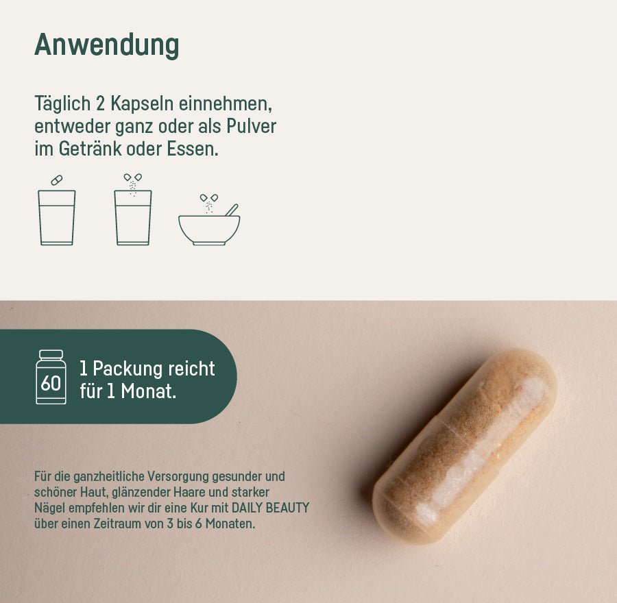 Daily Beauty – Anwendung: täglich 2 Kapseln, eine Packung reicht für 1 Monat