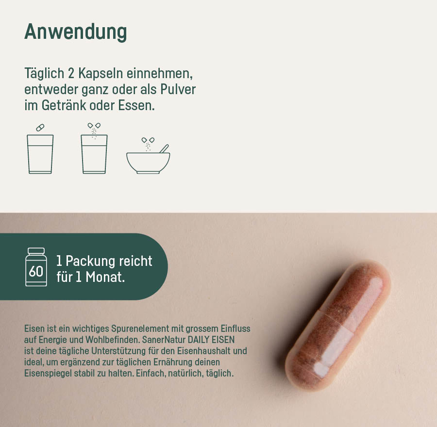 Daily Eisen – Anwendung: täglich 2 Kapseln, eine Packung reicht für 1 Monat
