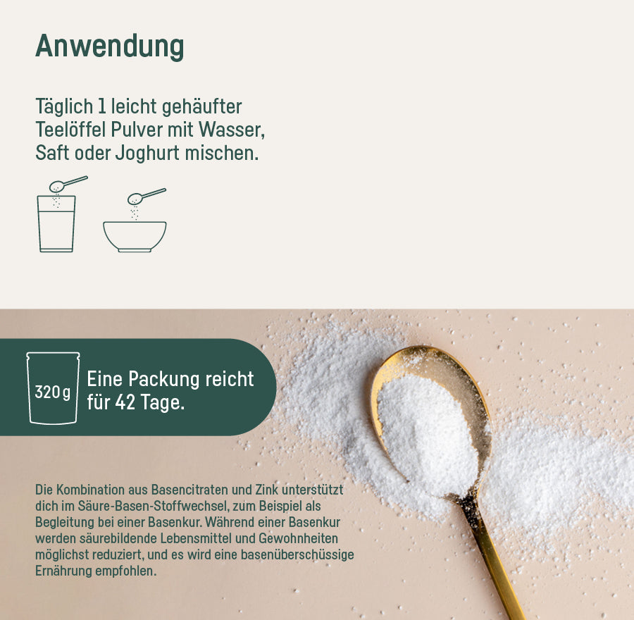 Supplement Basen Mix Pulver – Anwendung: täglich 1 Teelöffel Pulver mit Wasser, Saft oder Joghurt mischen, eine Packung reicht für 42 Tage