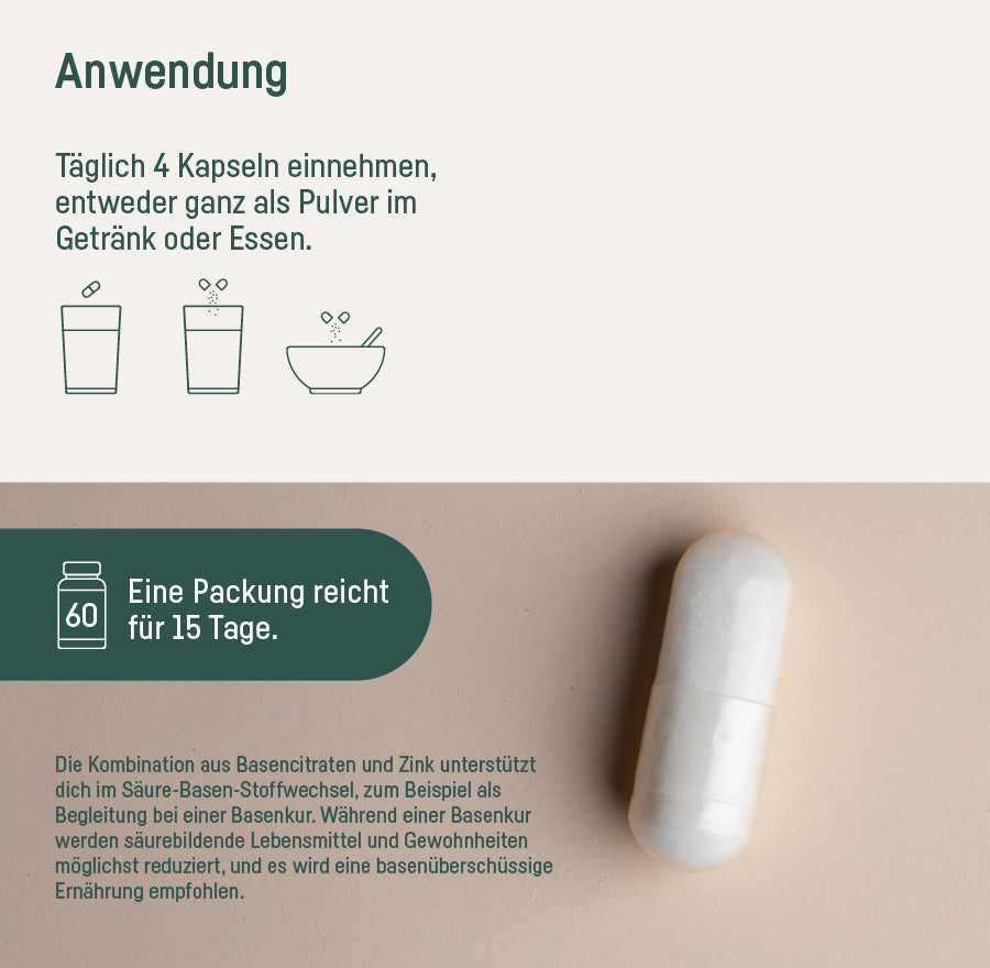 Supplement Basen Mix – Anwendung: täglich 4 Kapseln, eine Packung reicht für 15 Tage