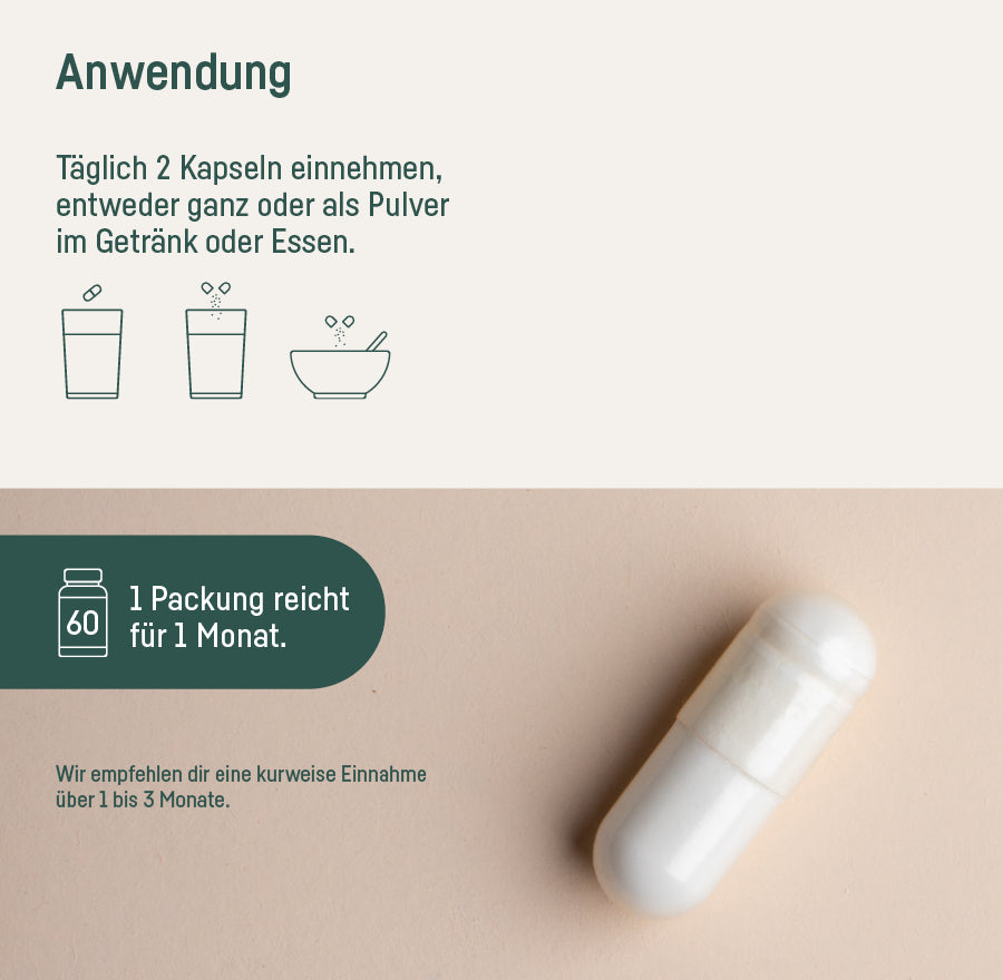 Supplement Magnesium – Anwendung: täglich 2 Kapseln, eine Packung reicht für 1 Monat