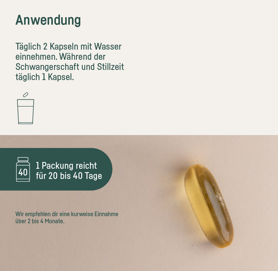 Supplement Omega 3 Vegan – Anwendung: täglich 2 Kapseln mit Wasser, eine Packung reicht für 20 bis 40 Tage