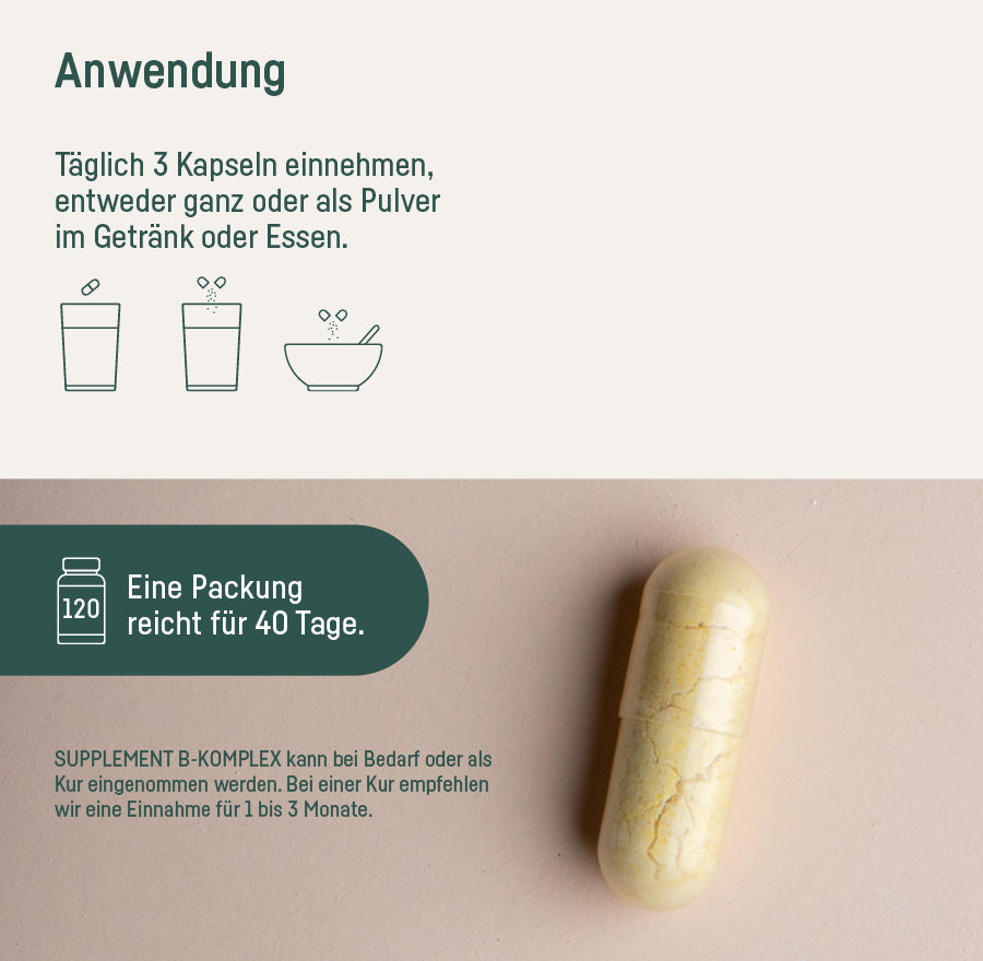 Supplement B-Komplex – Anwendung: täglich 3 Kapseln, eine Packung reicht für 40 Tage