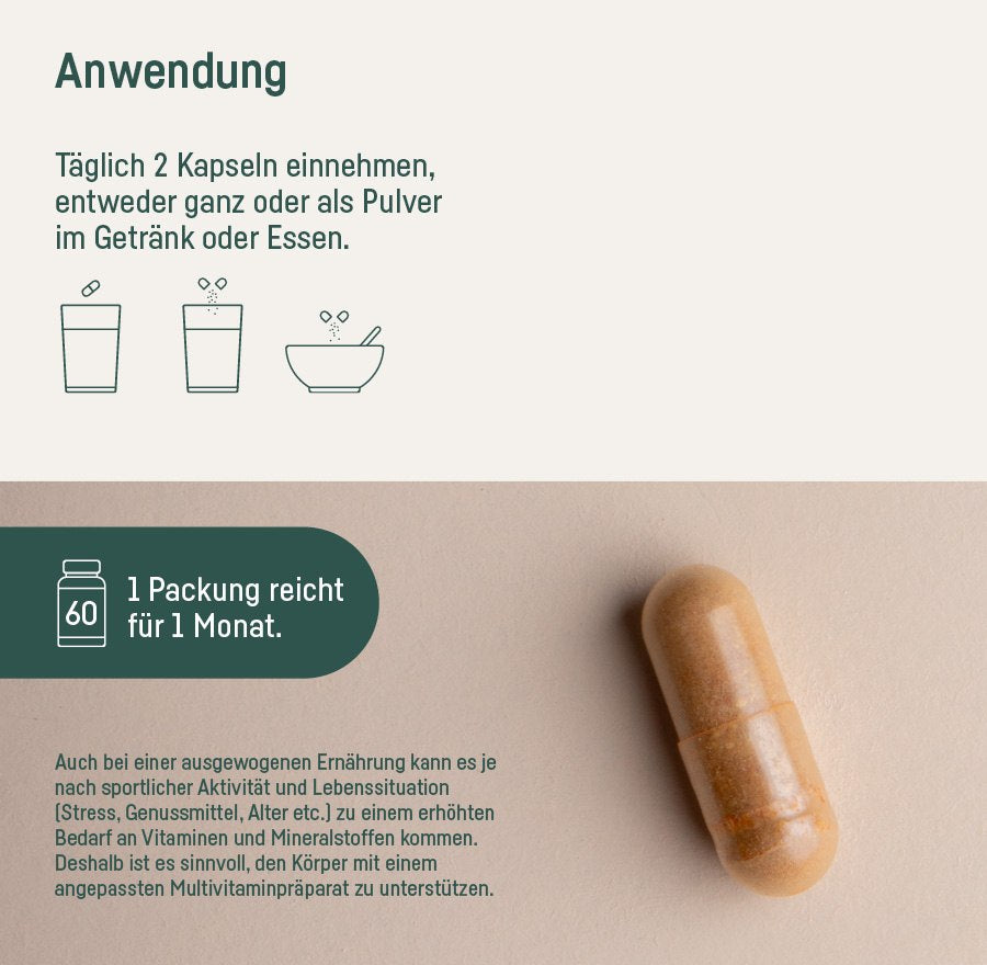 Supplement Sport Vitamins – Anwendung: täglich 2 Kapseln, eine Packung reicht für 1 Monat