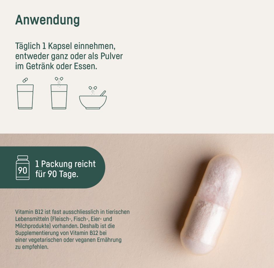 Supplement Vitamin B12 – Anwendung: täglich 1 Kapsel, eine Packung reicht für 90 Tage
