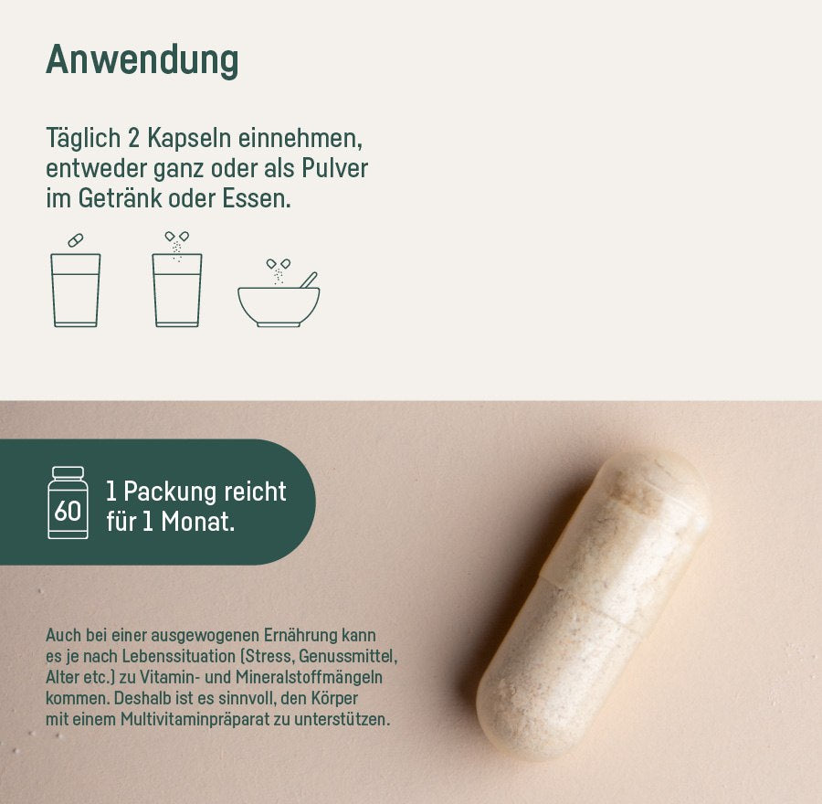 Supplement Vitamins Plus – Anwendung: täglich 2 Kapseln, eine Packung reicht für 1 Monat