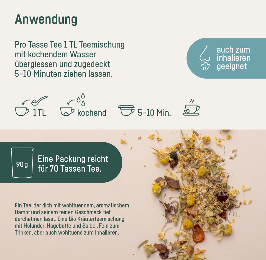 Bio-Teemischung Frei & Offen – Anwendung: 1 TL pro Tasse, 5–10 Minuten ziehen lassen, auch zum Inhalieren, eine Packung reicht für 70 Tassen