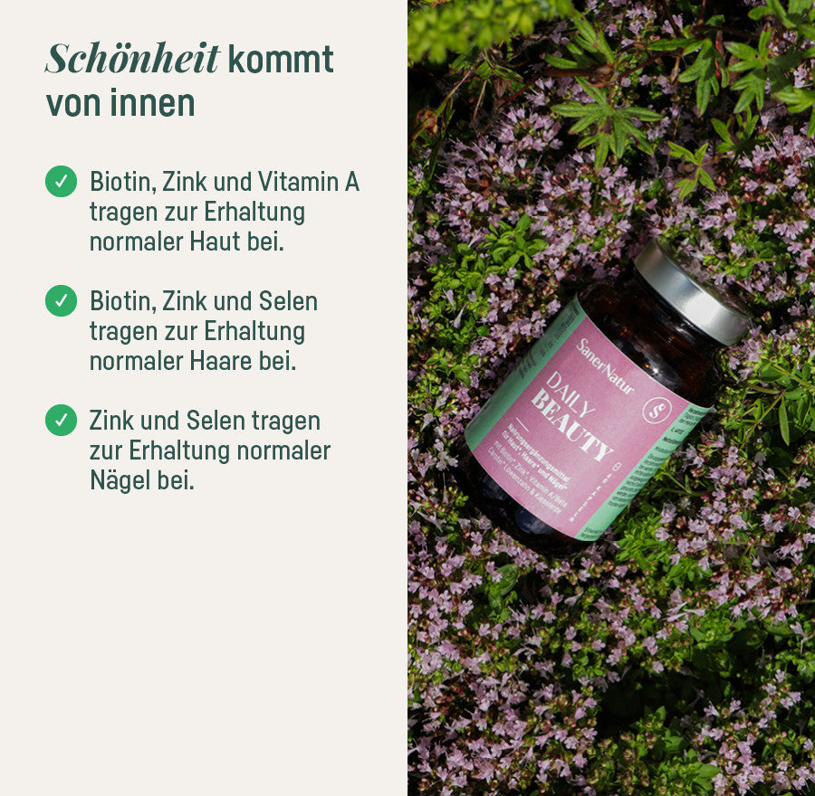 Daily Beauty – Schönheit kommt von innen: Biotin, Zink und Selen für Haut, Haare und Nägel, Dose auf Blüten