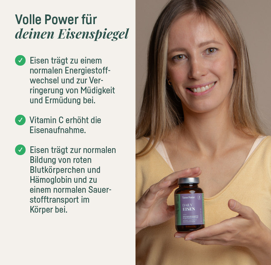 Daily Eisen – volle Power für deinen Eisenspiegel, lächelnde Frau mit Dose
