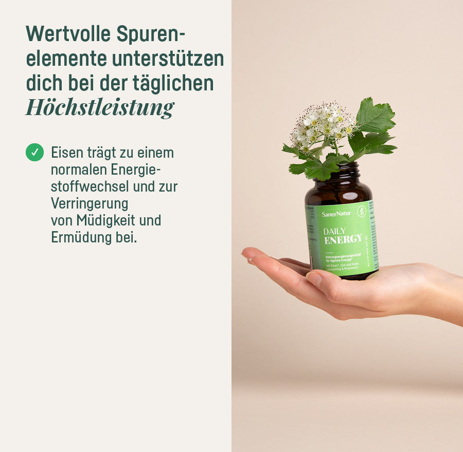 Daily Energy – wertvolle Spurenelemente für die tägliche Höchstleistung, Hand mit Dose und Weissdornblüten