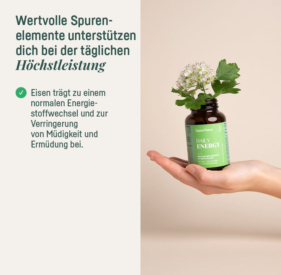 Daily Energy – wertvolle Spurenelemente für die tägliche Höchstleistung, Hand mit Dose und Weissdornblüten