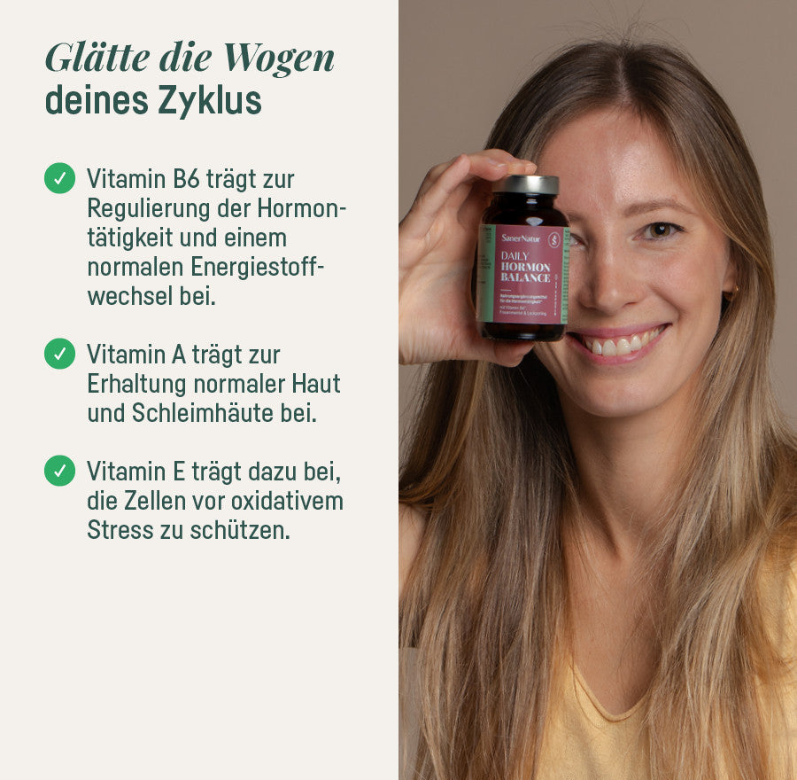 Daily Hormon Balance – glätte die Wogen deines Zyklus, lächelnde Frau mit Dose