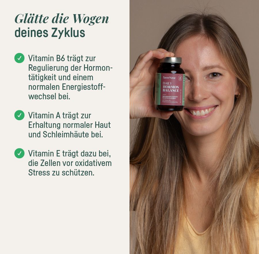 Daily Hormon Balance – glätte die Wogen deines Zyklus, lächelnde Frau mit Dose