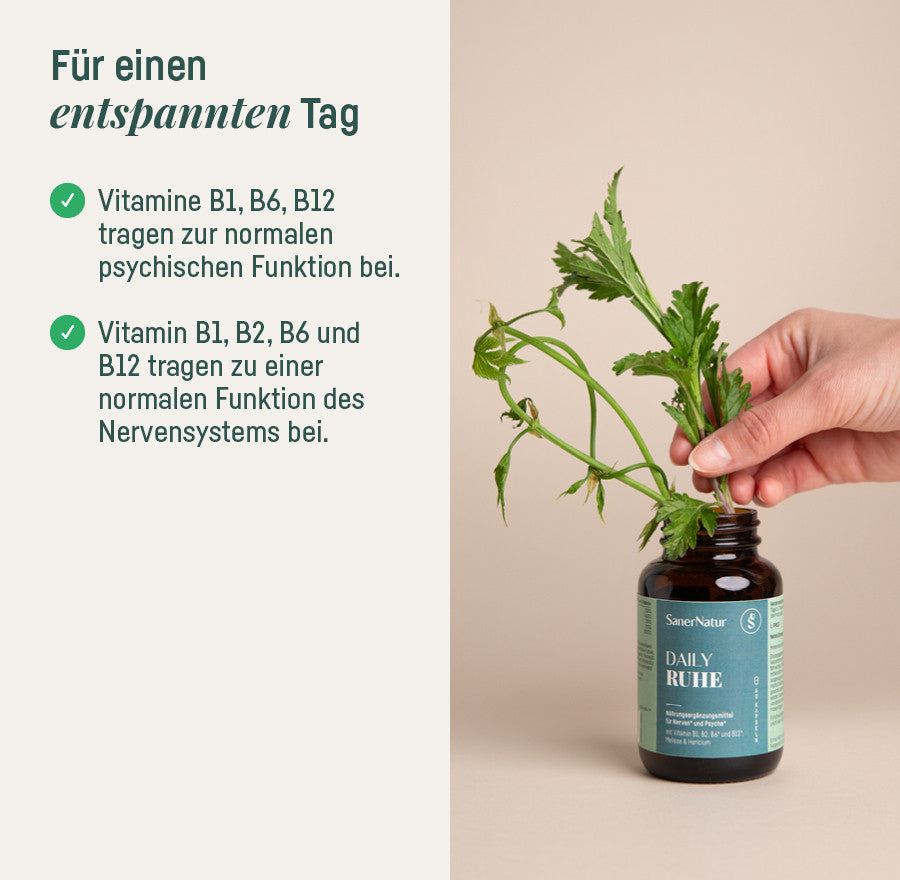 Daily Ruhe – für einen entspannten Tag, Hand mit Dose und Kräutern