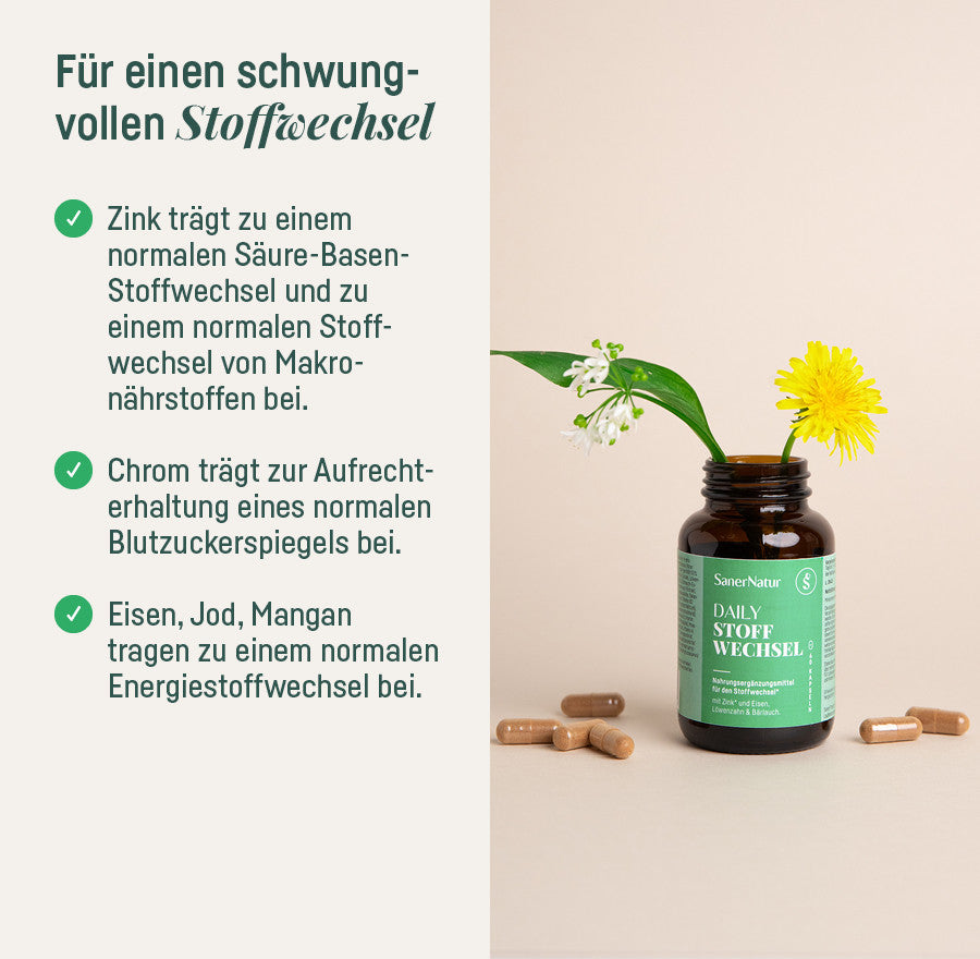 Daily Stoffwechsel – für einen schwungvollen Stoffwechsel, Dose mit Blüten und Kapseln
