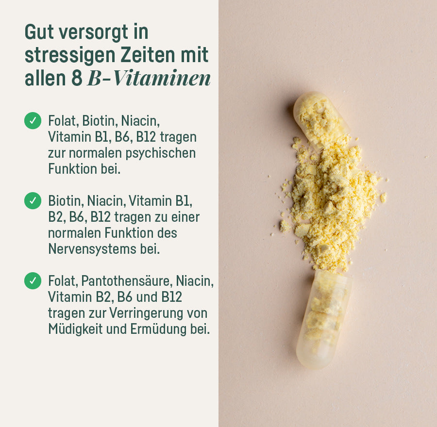Supplement B-Komplex – gut versorgt in stressigen Zeiten mit allen 8 B-Vitaminen, Kapsel mit Pulver