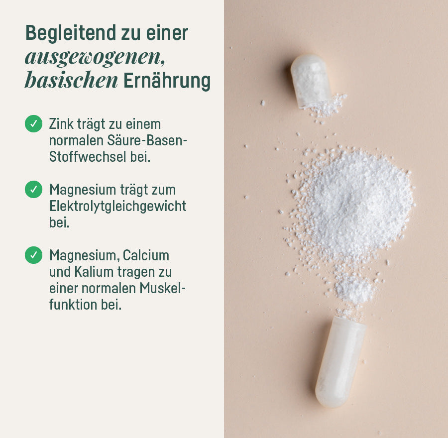 Supplement Basen Mix – Anwendungsbereich: begleitend zu einer ausgewogenen, basischen Ernährung, offene Kapsel mit Pulver
