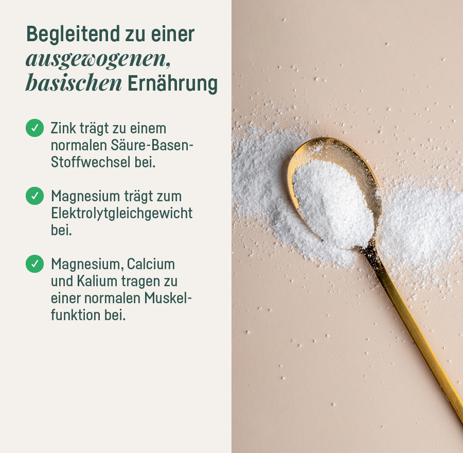 Supplement Basen Mix – Anwendungsbereich: begleitend zu einer ausgewogenen, basischen Ernährung, Pulver auf Löffel