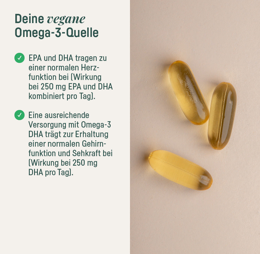 Supplement Omega 3 Vegan – Anwendungsbereich: vegane Omega-3-Quelle mit EPA und DHA, Kapseln