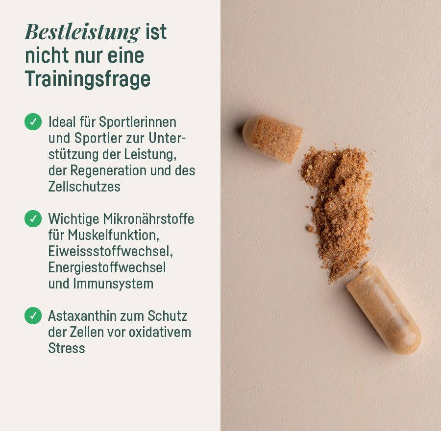 Supplement Sport Vitamins – Bestleistung ist nicht nur eine Trainingsfrage, Kapsel mit Pulver