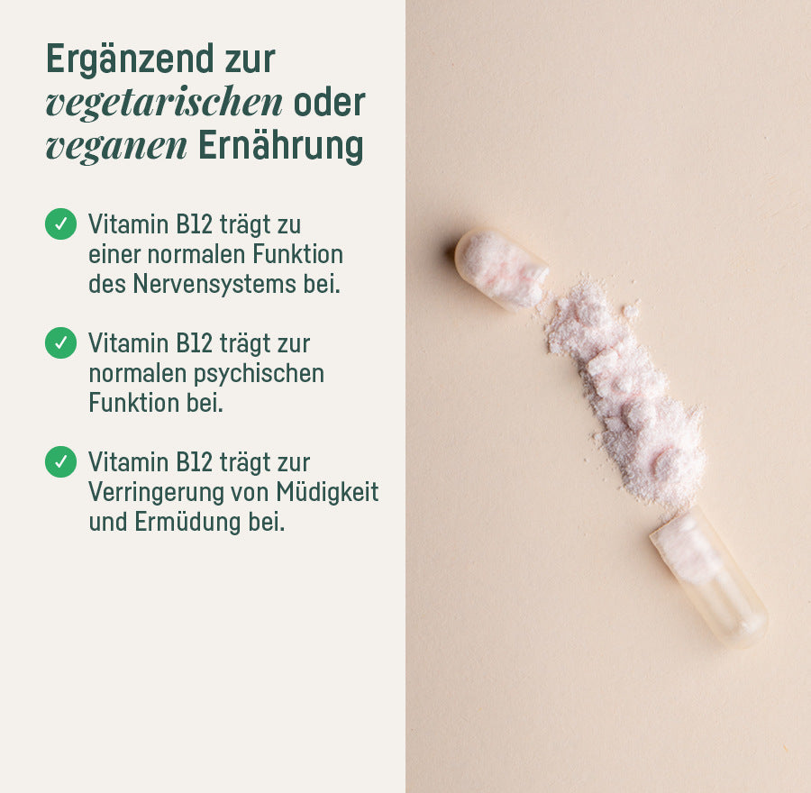 Supplement Vitamin B12 – ergänzend zur vegetarischen oder veganen Ernährung, Kapsel mit Pulver