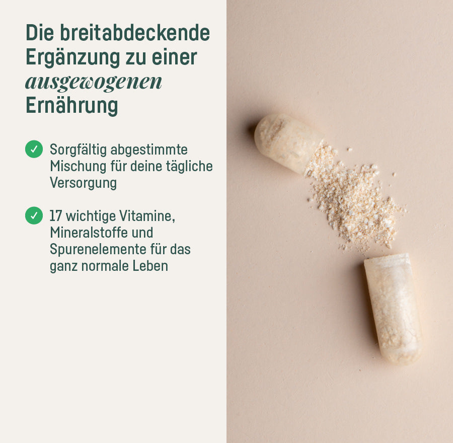 Supplement Vitamins Plus – Anwendungsbereich: breitabdeckende Ergänzung zu einer ausgewogenen Ernährung, Kapsel mit Pulver
