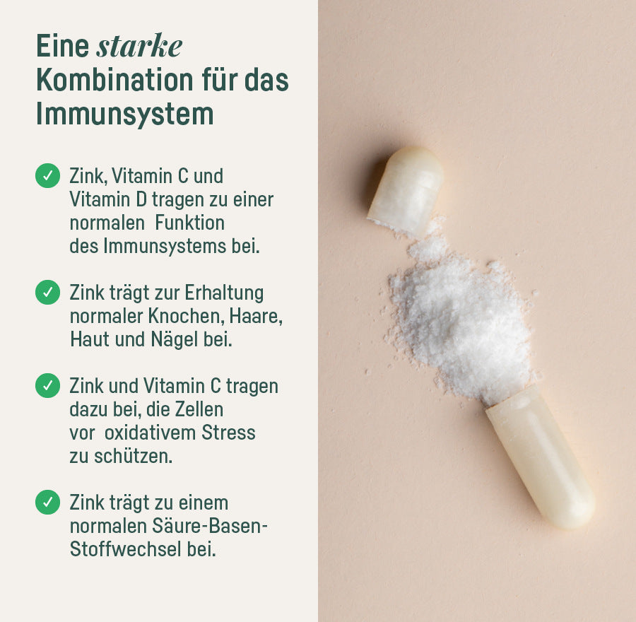 Supplement Zink Plus – eine starke Kombination für das Immunsystem, offene Kapsel mit Pulver