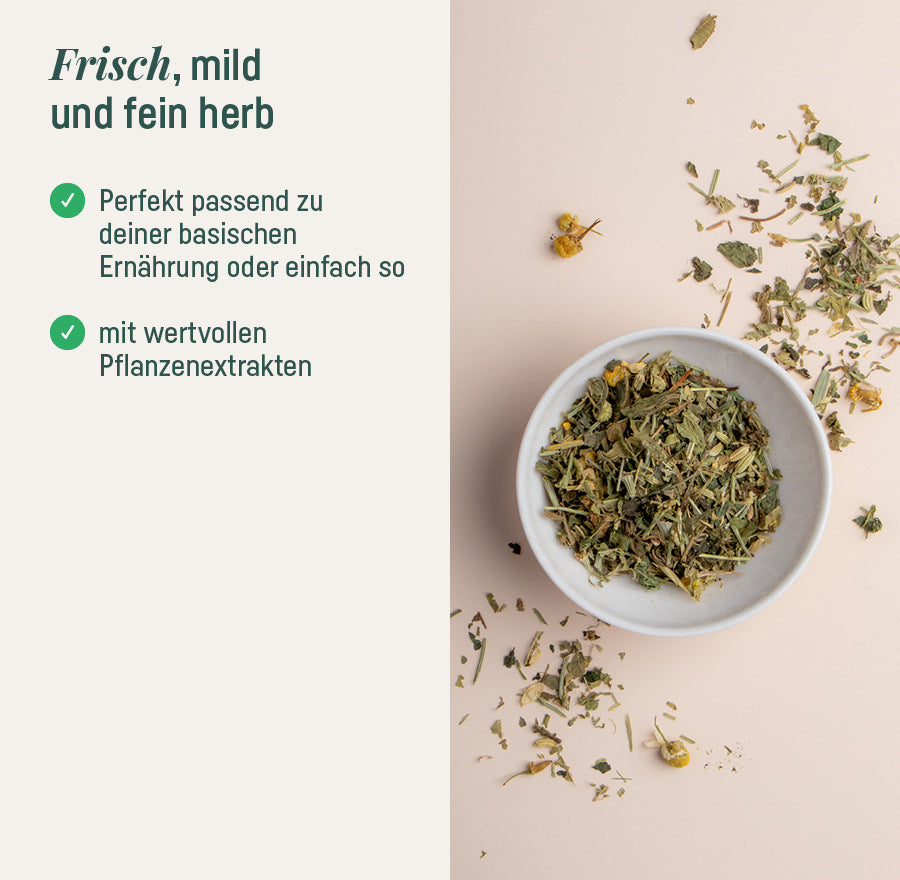 Bio-Teemischung Basisch & Bewegt – frisch, mild und fein herb, Teeschale mit Kräutern