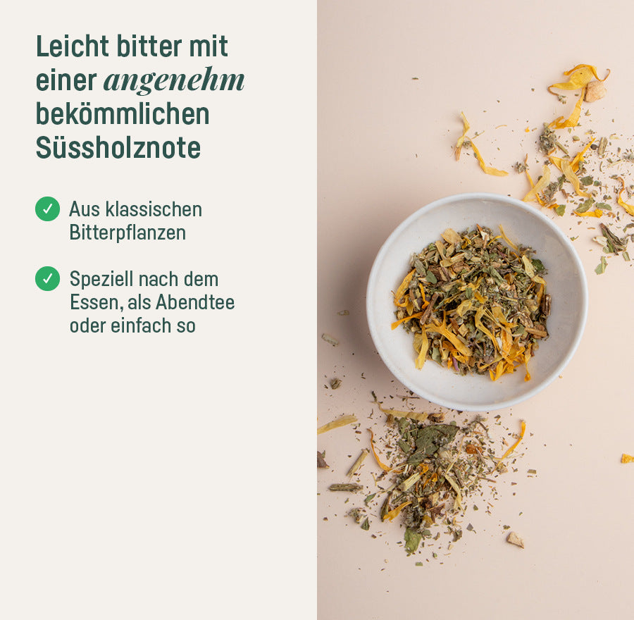 Bio-Teemischung Bitter & Belebt – leicht bitter mit angenehm bekömmlicher Süssholznote, Teeschale mit Kräutern