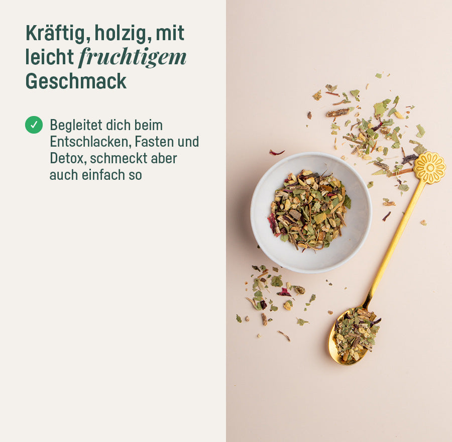 Bio-Teemischung Leicht & Lebendig – kräftig, holzig mit leicht fruchtigem Geschmack, Teeschale und Löffel