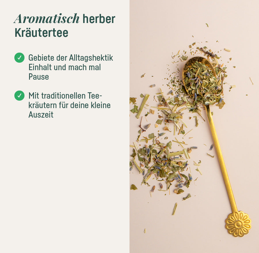 Bio-Teemischung Ruhig & Gelassen – aromatisch herber Kräutertee für kleine Pausen im Alltag