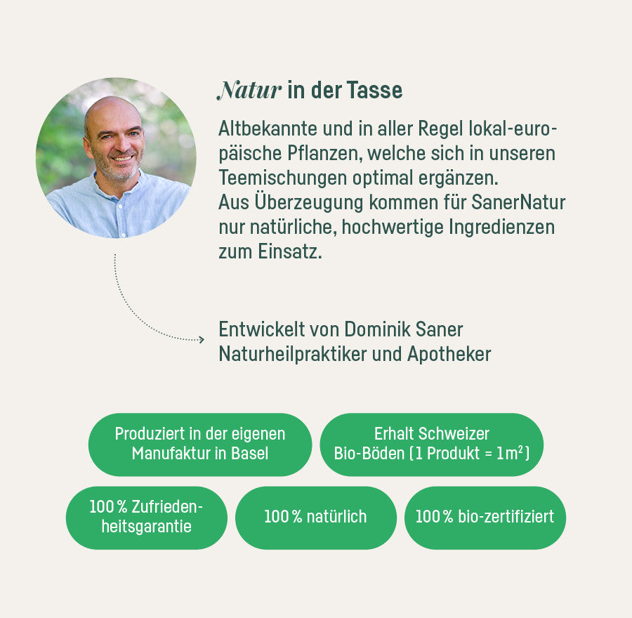 Bio-Teemischung Wochenbett No. 1 – Natur in der Tasse, entwickelt von Apotheker Dominik Saner, 100 % bio-zertifiziert