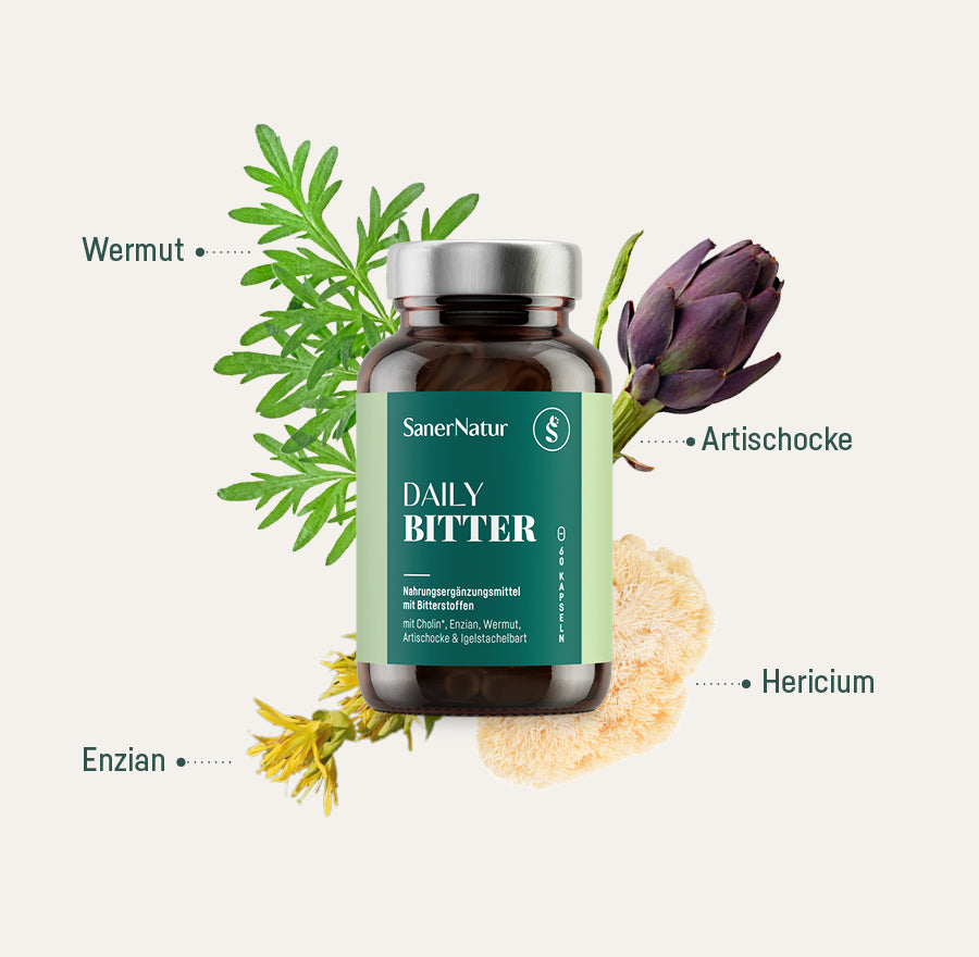 Daily Bitter – Dose mit Pflanzen: Wermut, Artischocke, Enzian, Hericium