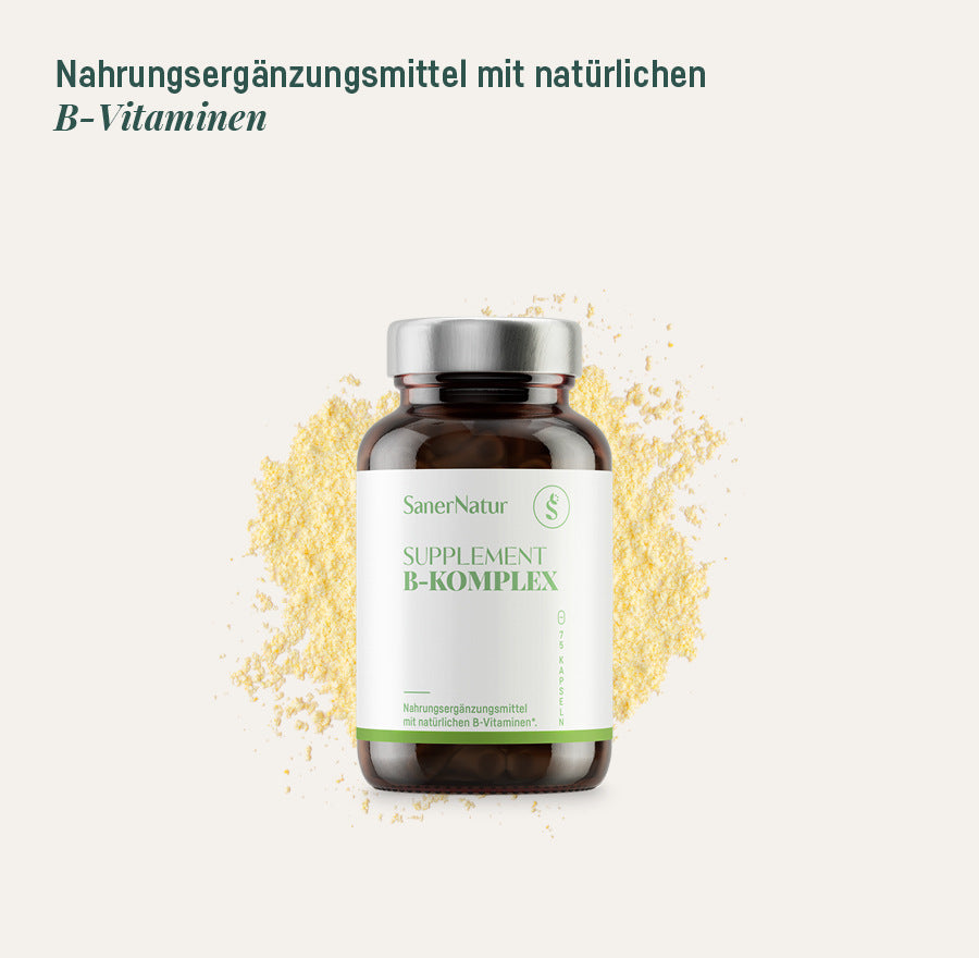 Supplement B-Komplex – Dose mit Pulver, Nahrungsergänzungsmittel mit natürlichen B-Vitaminen