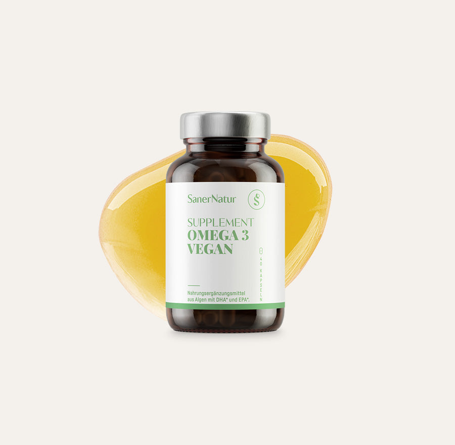 Supplement Omega 3 Vegan – Dose mit goldgelbem Öl