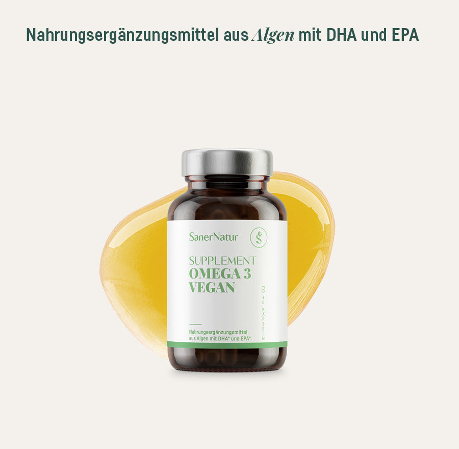 Supplement Omega 3 Vegan – Dose mit goldgelbem Öl