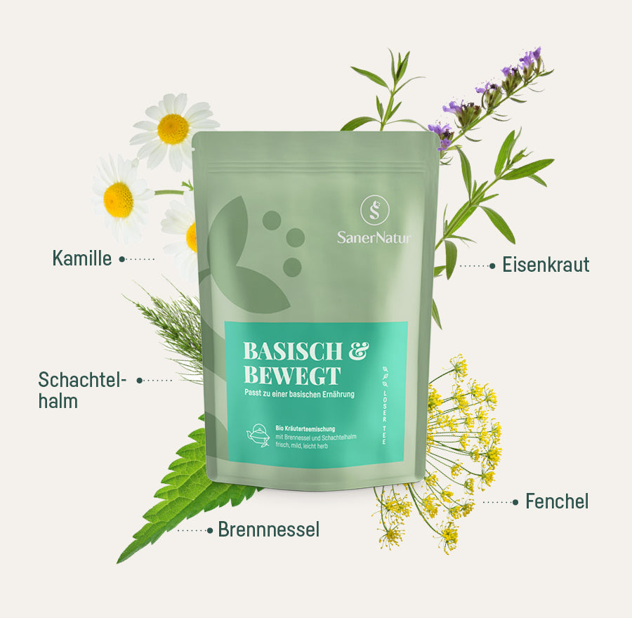 Bio-Teemischung Basisch & Bewegt – Beutel mit Pflanzen: Kamille, Eisenkraut, Schachtelhalm, Fenchel, Brennnessel