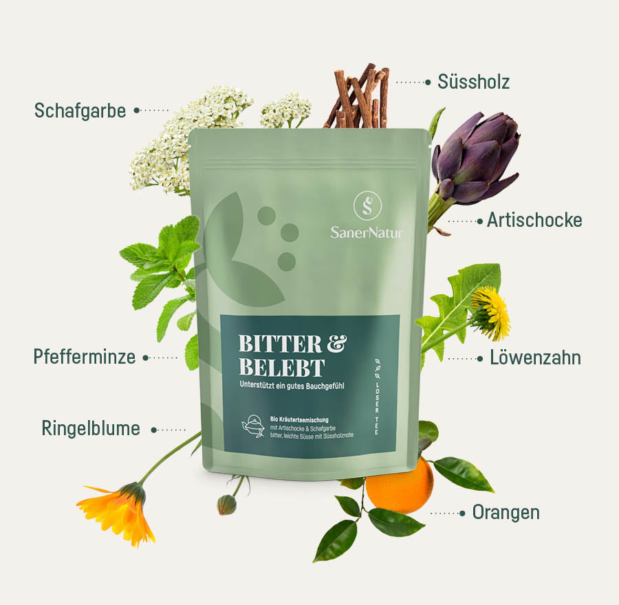 Bio-Teemischung Bitter & Belebt – Beutel mit Pflanzen: Schafgarbe, Süssholz, Artischocke, Pfefferminze, Löwenzahn, Ringelblume, Orangen