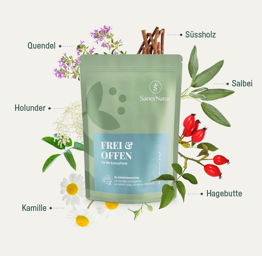Bio-Teemischung Frei & Offen – Beutel mit Pflanzen: Quendel, Süssholz, Holunder, Salbei, Kamille, Hagebutte