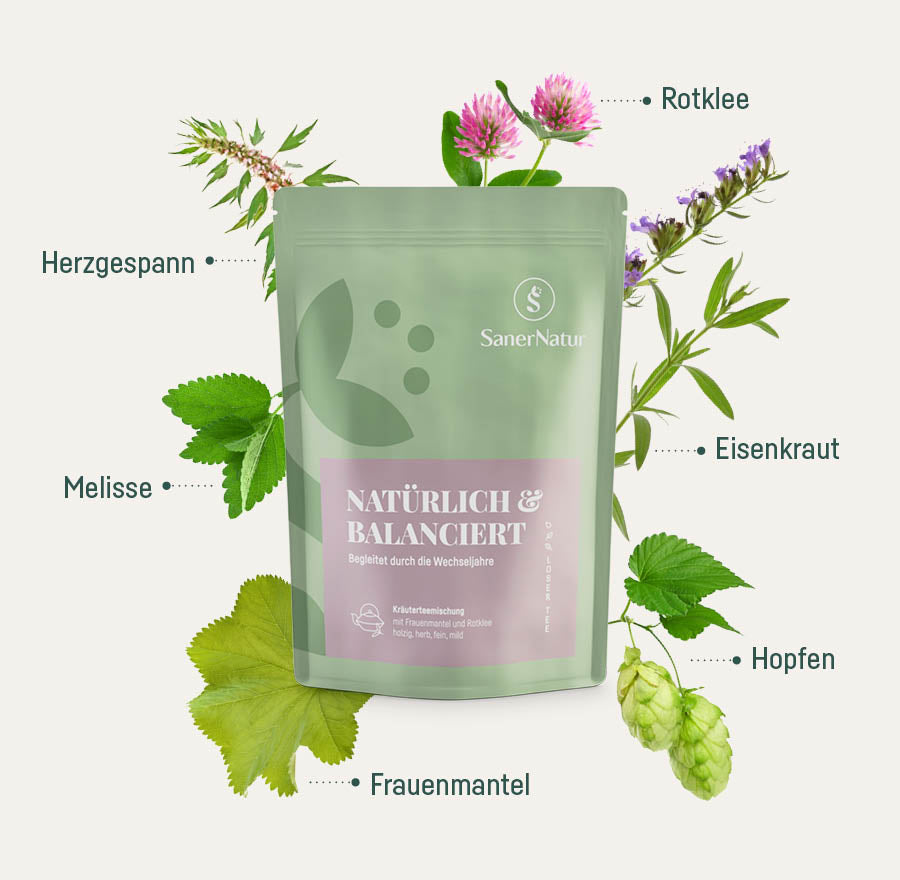 Bio-Teemischung Natürlich & Balanciert – Beutel mit Pflanzen: Rotklee, Herzgespann, Eisenkraut, Melisse, Hopfen, Frauenmantel