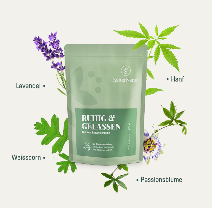 Bio-Teemischung Ruhig & Gelassen – Beutel mit Pflanzen: Lavendel, Hanf, Weissdorn, Passionsblume