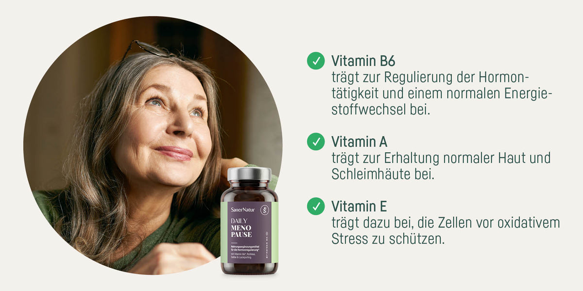 Frau mit Daily Menopause und Vitaminangaben
