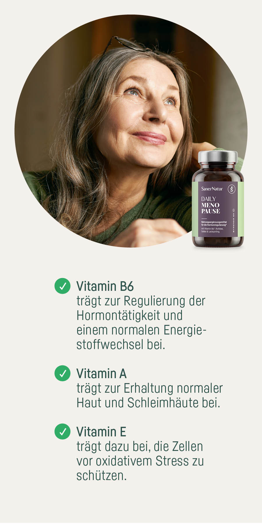 Frau mit Daily Menopause und Vitaminangaben