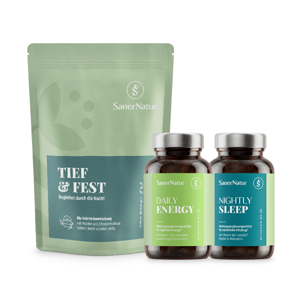 Schlafgut-Bundle – enthält Daily Energy, Nightly Sleep und Bio-Teemischung Tief & Fest