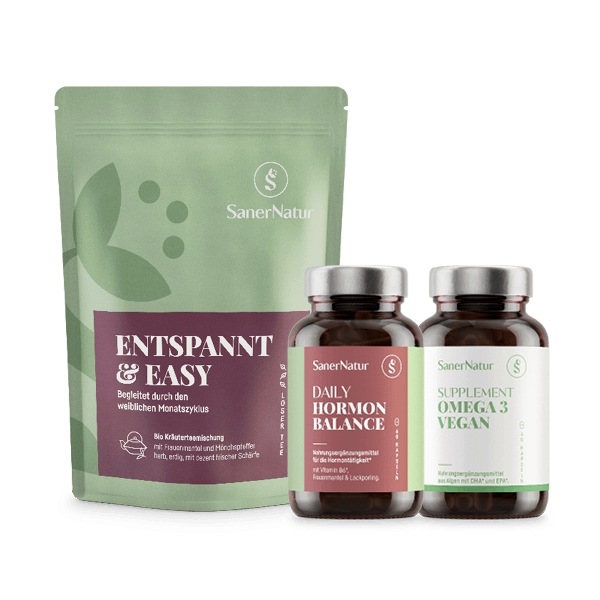 Zyklus Bundle – enthält Daily Hormon Balance, Supplement Omega 3 Vegan und Bio-Teemischung Entspannt & Easy