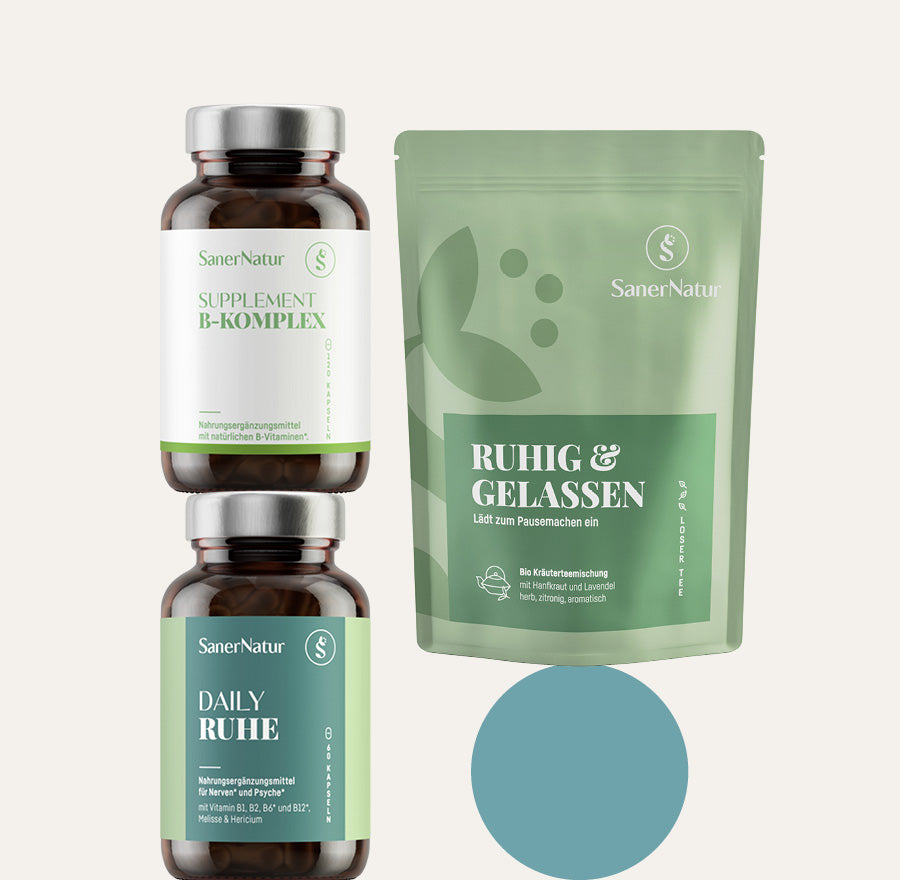 Nerven-Bundle – enthält Supplement B-Komplex, Daily Ruhe und Bio-Teemischung Ruhig & Gelassen